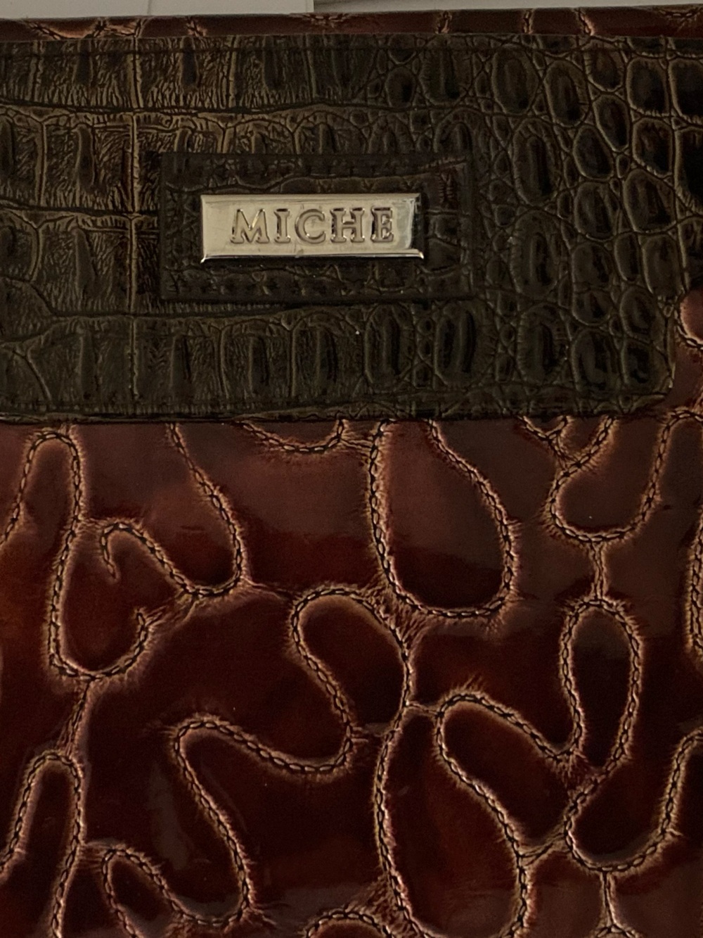 Miche Men’s Wallet Clutch in Brown and Dark Brown Croc-Embossed Leather